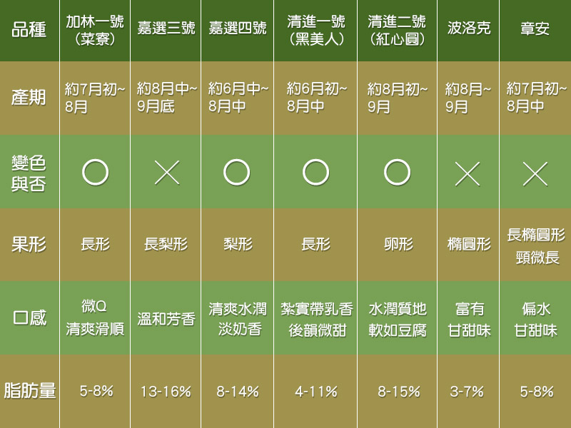 酪梨品種比較,酪梨,酪梨品種,早生,中生,加林一號,菜寮,嘉選三號,嘉選四號,清進一號,黑美人,清進二號,紅心圓,波洛克,章安,營養,健康,台灣酪梨,小農,無毒農