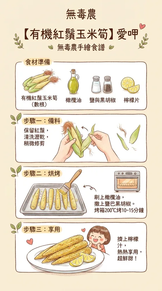 【手繪食譜】保留紅鬚最營養！無毒農有機帶殼烤玉米筍
