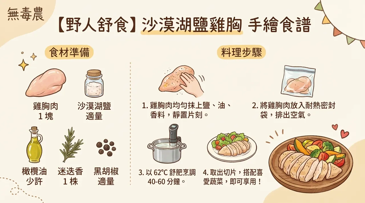 【野人舒食】沙漠湖鹽舒肥雞胸肉：完美多汁的手繪食譜還原