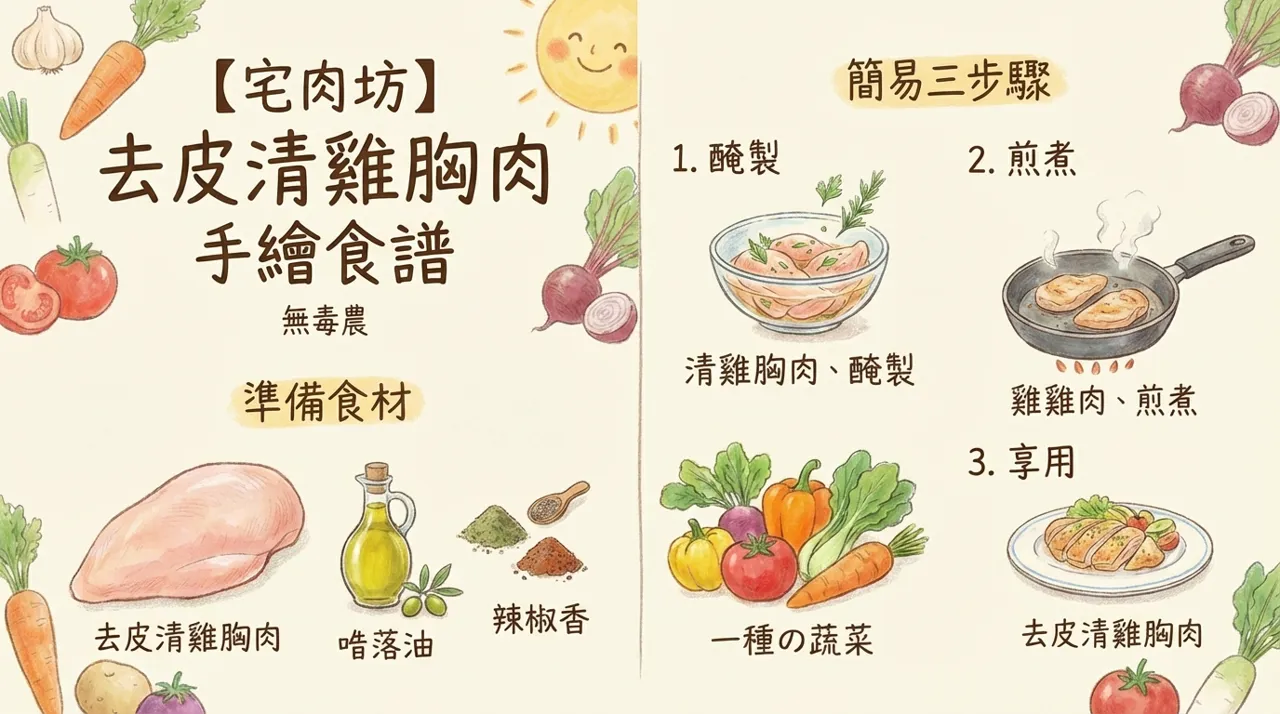 【宅肉坊】手繪食譜：三步驟輕鬆做出鮮嫩多汁的香煎去皮清雞胸肉