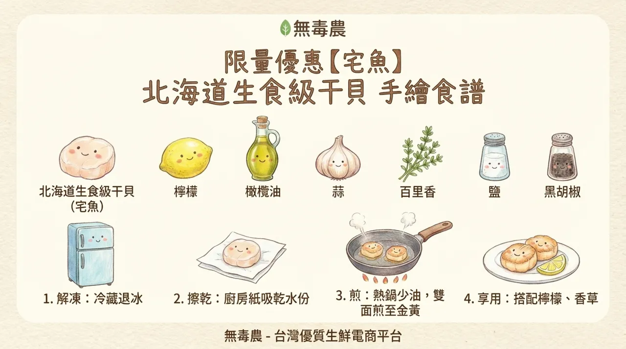 【手繪食譜】在家也能享受高級感！香煎北海道生食級干貝只需　4　步驟