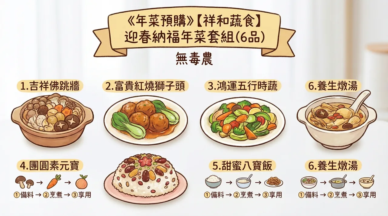 【素食年菜食譜】祥和蔬食迎春納福年菜套組（6品）製作全攻略
