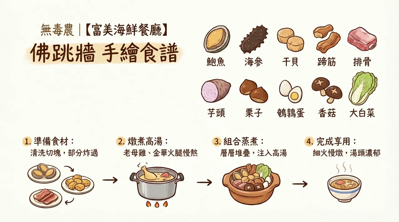 【富美海鮮餐廳】經典佛跳牆手繪食譜與詳細製作指南