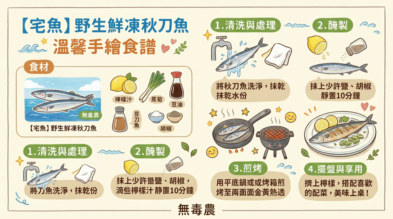 【宅魚食譜】野生鮮凍秋刀魚：溫馨手繪食譜教學，簡單煎烤鎖住肥美油脂