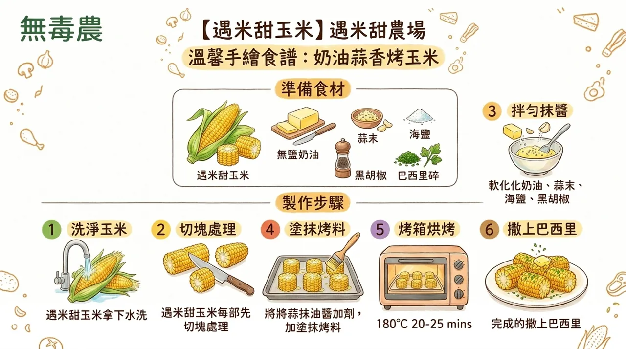 【食譜】香氣撲鼻！奶油蒜香烤玉米：遇米甜農場手作教學，冬日暖心首選
