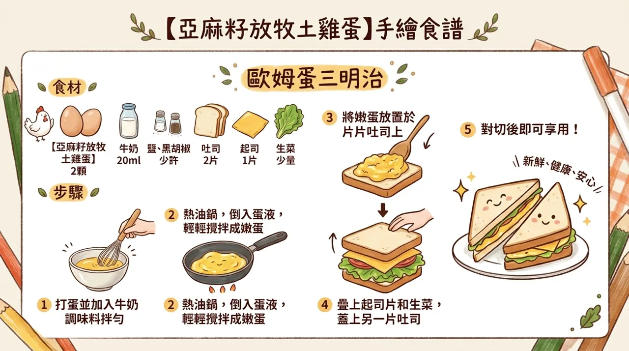 【手繪食譜】營養滿分！亞麻籽放牧土雞蛋「歐姆蛋三明治」教學