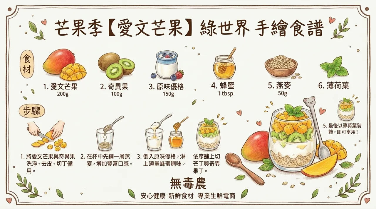 芒果季限定：【愛文芒果】綠世界手繪食譜教學　-　打造層次豐富的優格杯