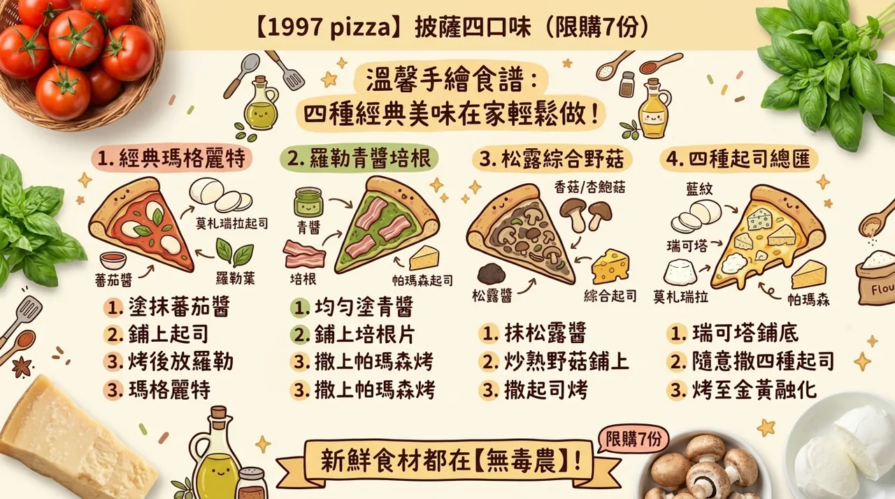 在家輕鬆做！【1997　pizza】四種經典美味披薩溫馨手繪食譜