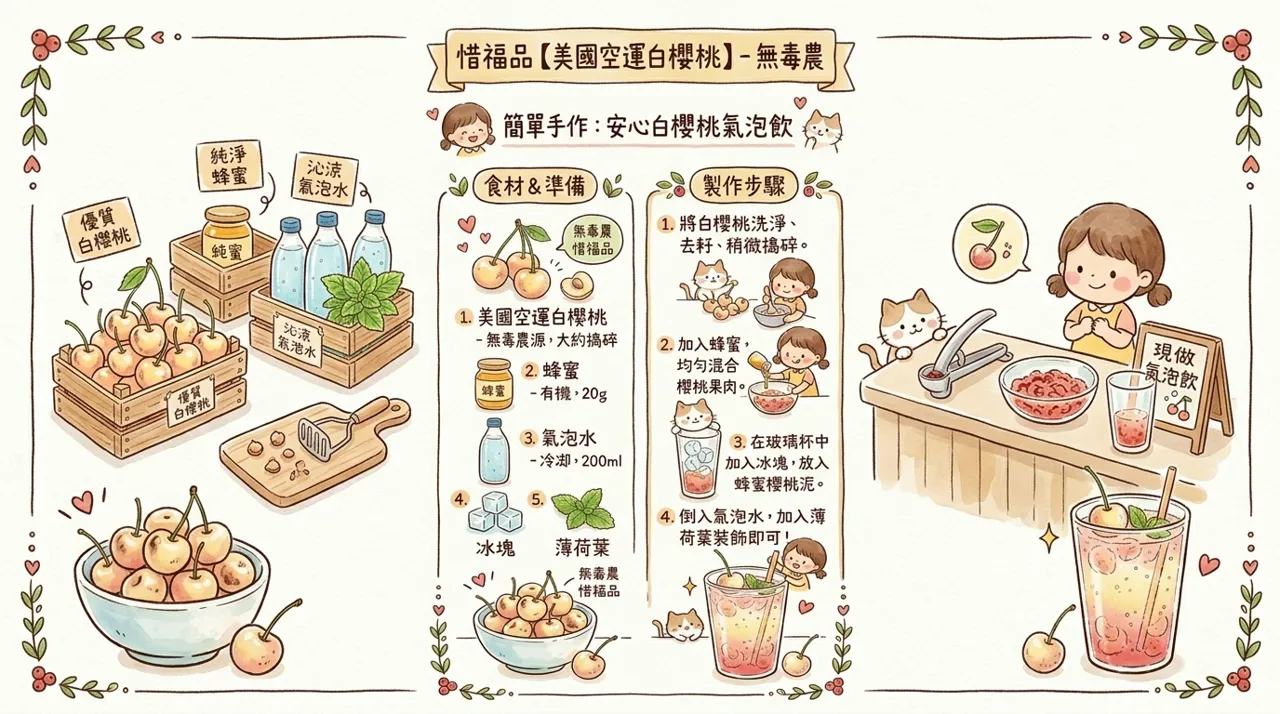 安心白櫻桃氣泡飲食譜｜白櫻桃惜福品　4　步驟做出粉嫩清爽果飲