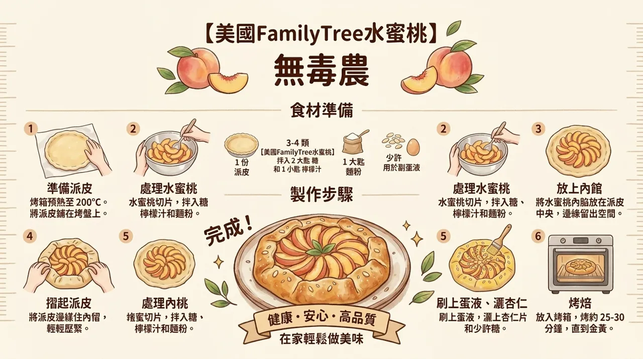水蜜桃派食譜｜美國　FamilyTree　水蜜桃做法，4　步驟完成法式鄉村甜點