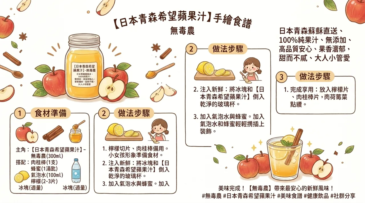 日本青森希望蘋果汁食譜｜肉桂檸檬蘋果氣泡飲，秋冬聚會清爽特調