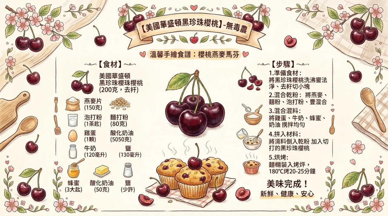 黑珍珠櫻桃燕麥馬芬食譜｜美國華盛頓櫻桃做出健康下午茶