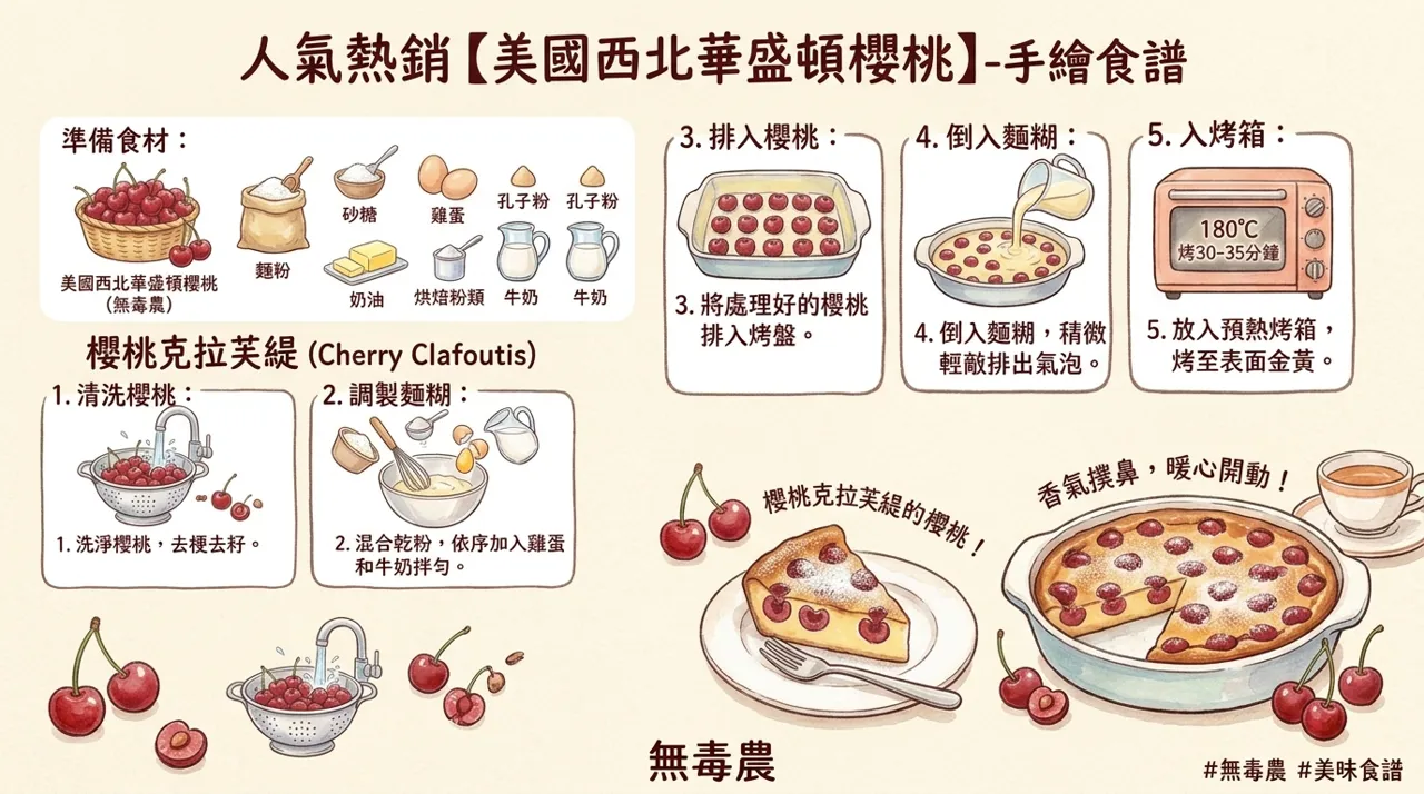 櫻桃克拉芙緹食譜｜美國西北華盛頓櫻桃做法，法式家常烤布丁甜點