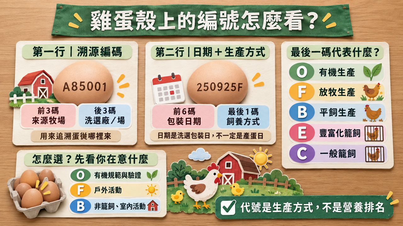 雞蛋殼兩行編碼與 O、F、B、E、C 生產方式對照資訊圖