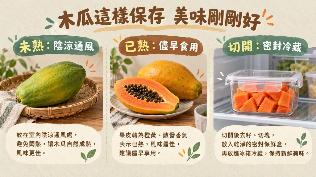 未熟、已熟與切開後，分別安排保存