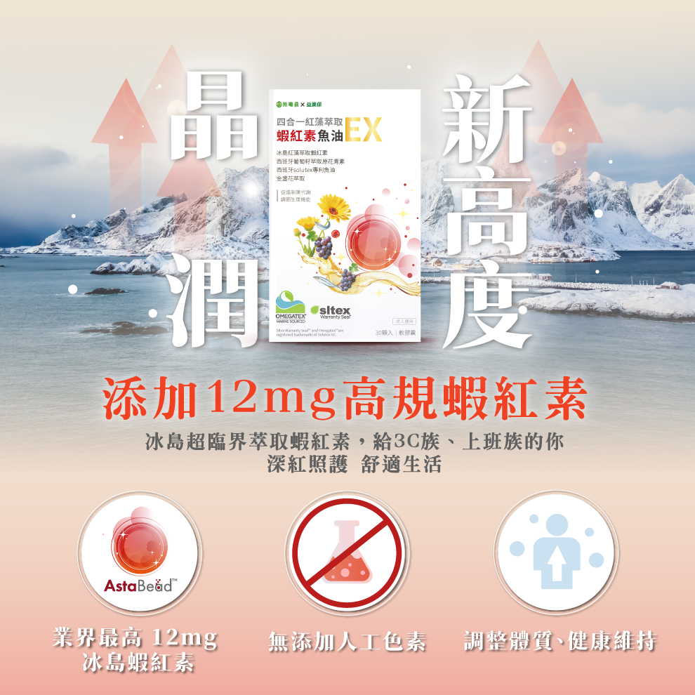 添加12mg高規蝦紅素，深紅照護舒適生活，調整體質健康維持